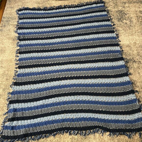 Handmade Other - Vintage Handmade Crochet Striped Blue Afghan Throw Blanket With Tassels 72X58